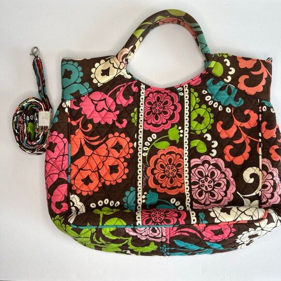 Vera Bradley Tote Bag With Crossbody Strap Lola Pattern Brown Pink Green Red - Picture 1 of 11